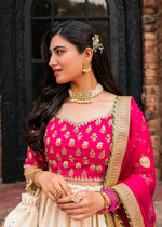 Pakistani Hot Pink Gota & Block Print Rawsilk Lehenga Choli (3-Piece) - Image 4