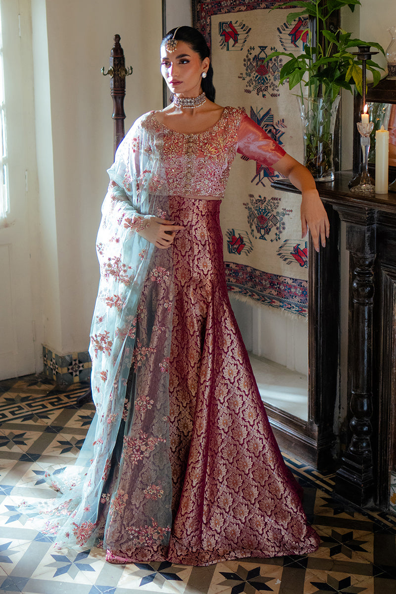 Pakistani Pink Embroidered Satin Zari Lehenga Set (3-Piece) - Image 1