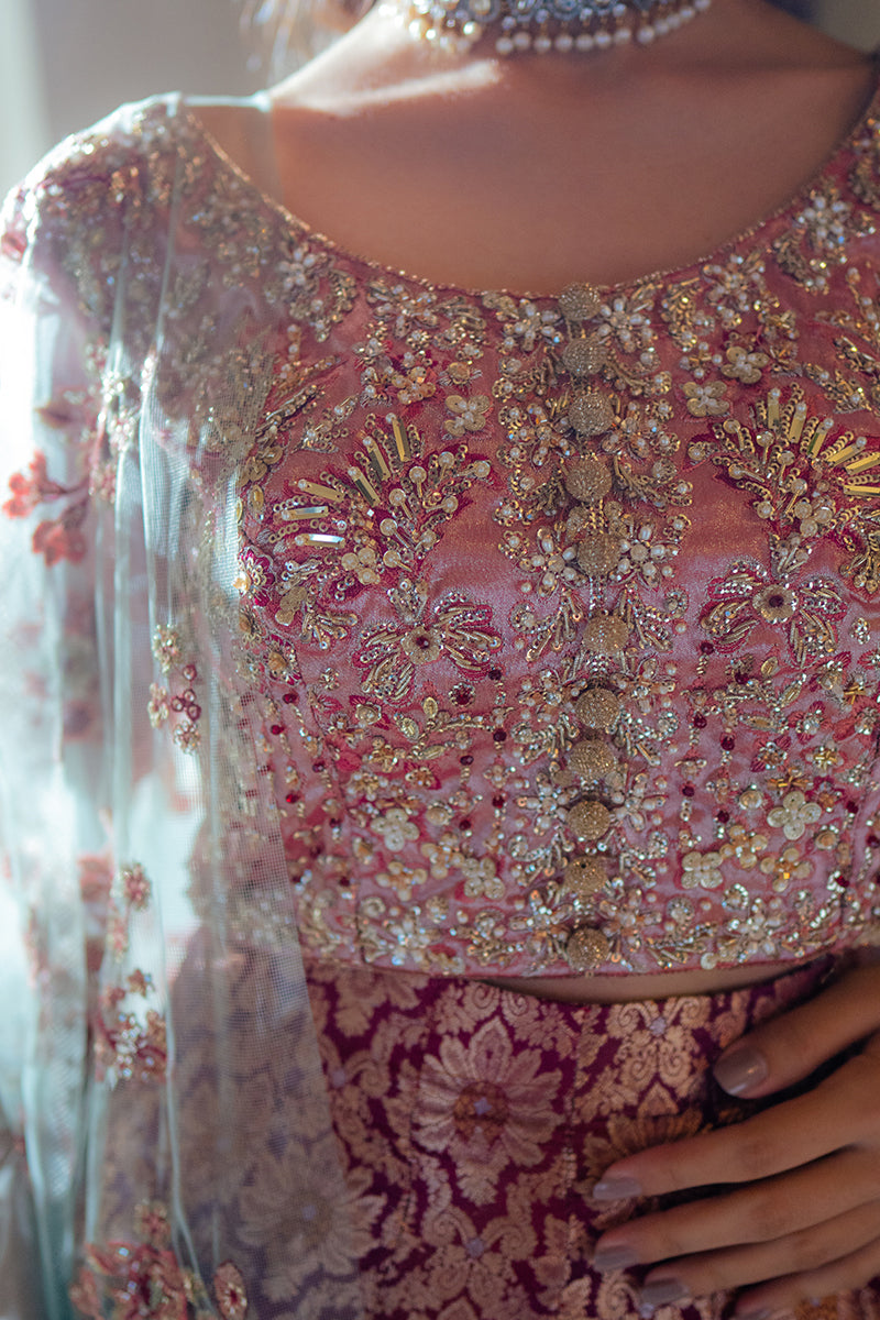 Pakistani Pink Embroidered Satin Zari Lehenga Set (3-Piece) - Image 2