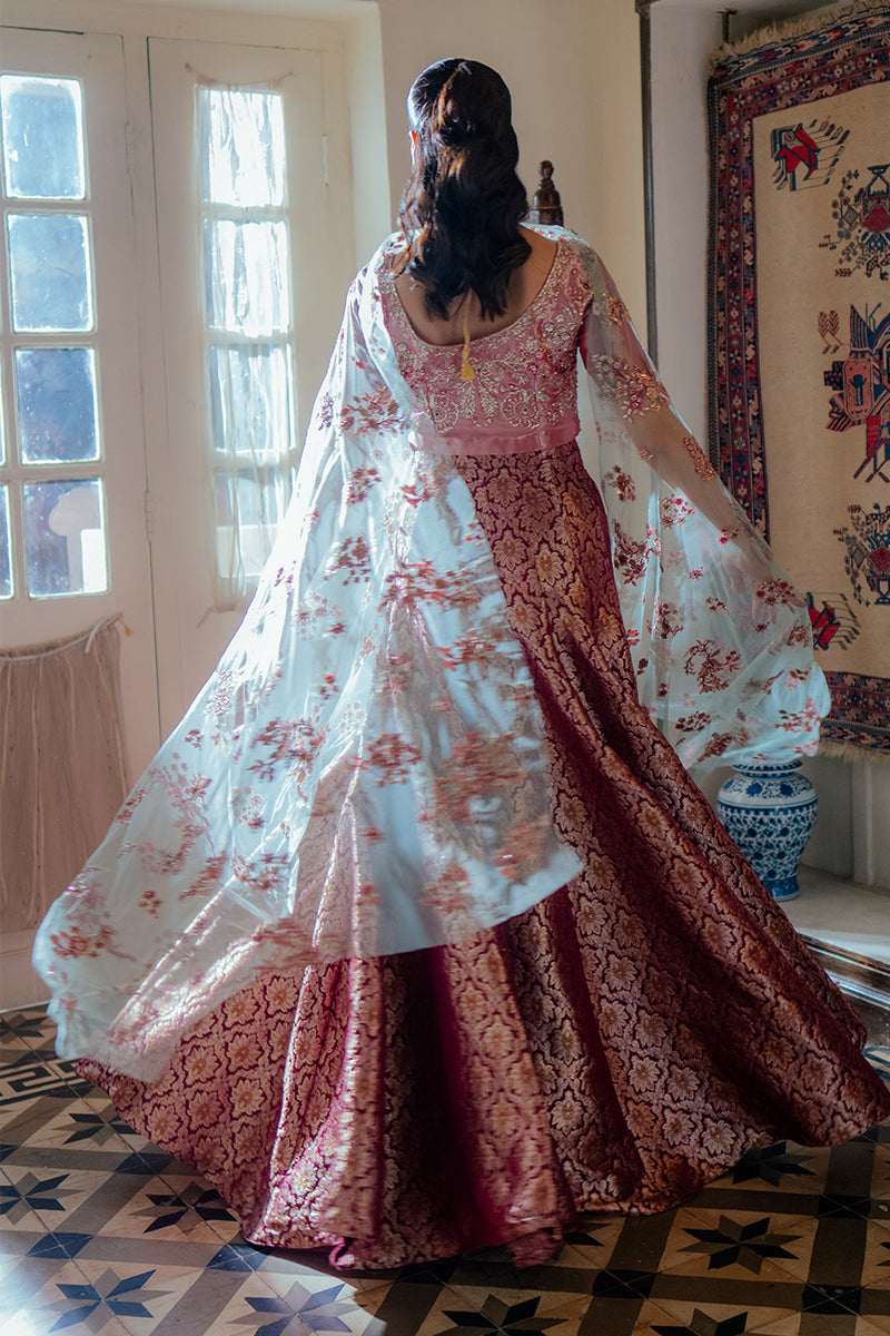 Pakistani Pink Embroidered Satin Zari Lehenga Set (3-Piece) - Image 3