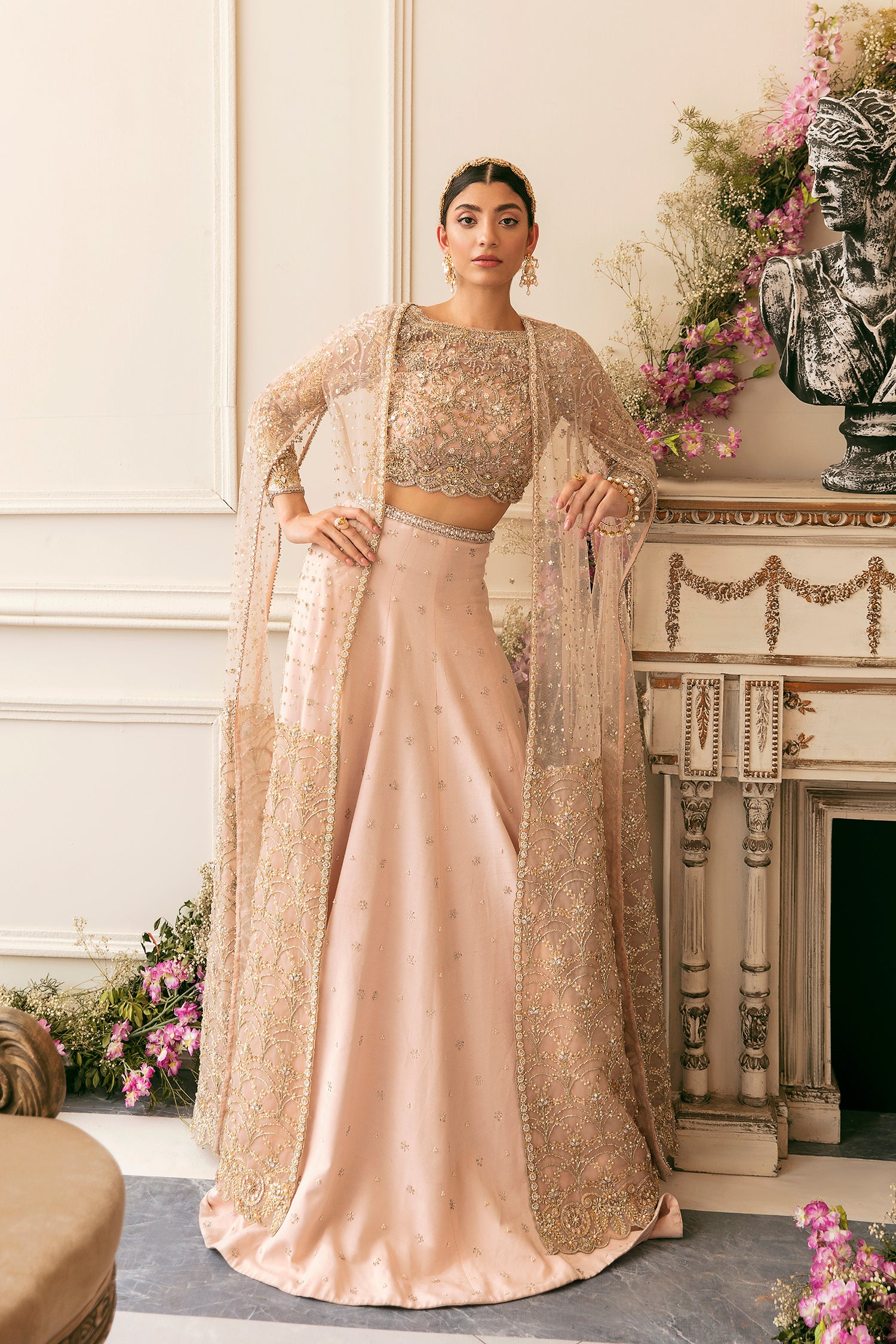 Blush Pink Embroidered Satin & Net Lehenga Choli (3-Piece) - Image 1