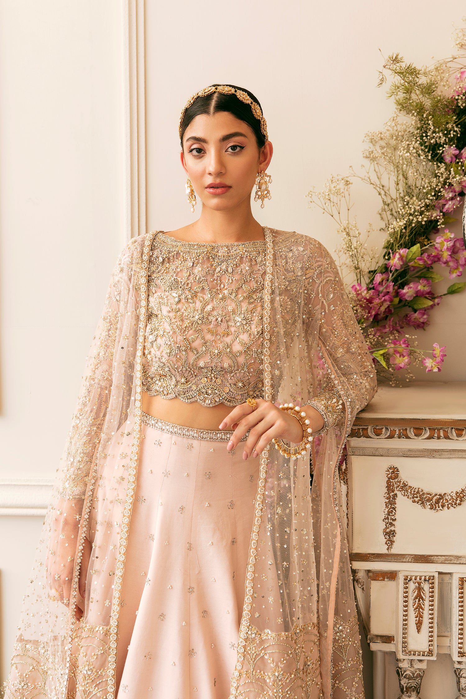 Blush Pink Embroidered Satin & Net Lehenga Choli (3-Piece) - Image 2