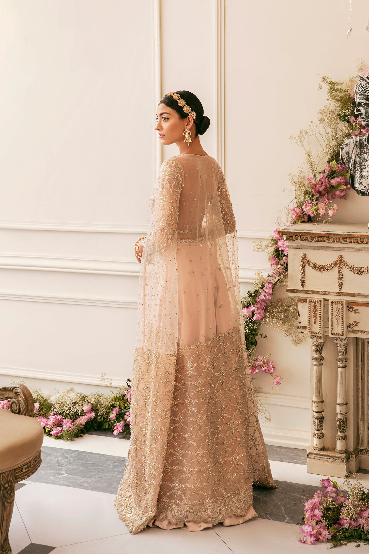 Blush Pink Embroidered Satin & Net Lehenga Choli (3-Piece) - Image 4