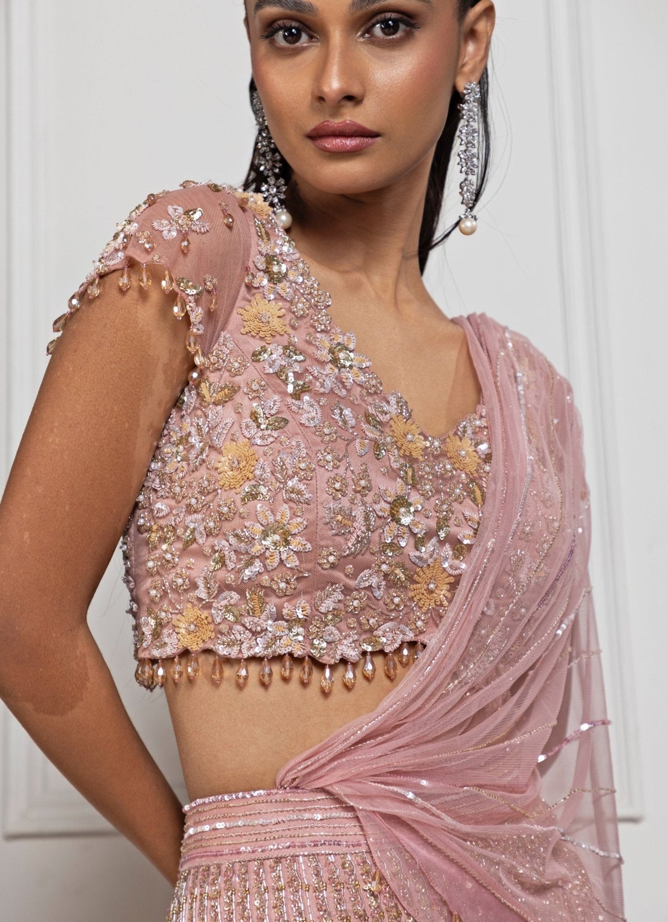 Peach Sequin Embroidered Satin & Organza Mermaid Lehenga (3-Piece) - Image 3