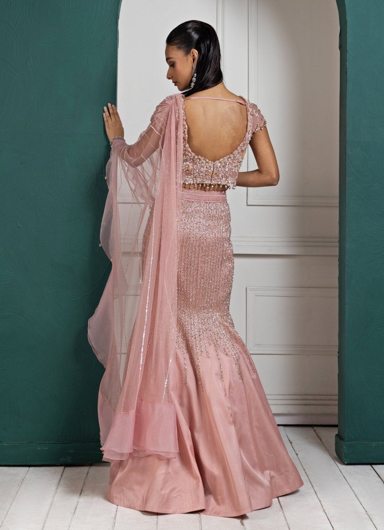 Peach Sequin Embroidered Satin & Organza Mermaid Lehenga (3-Piece) - Image 4