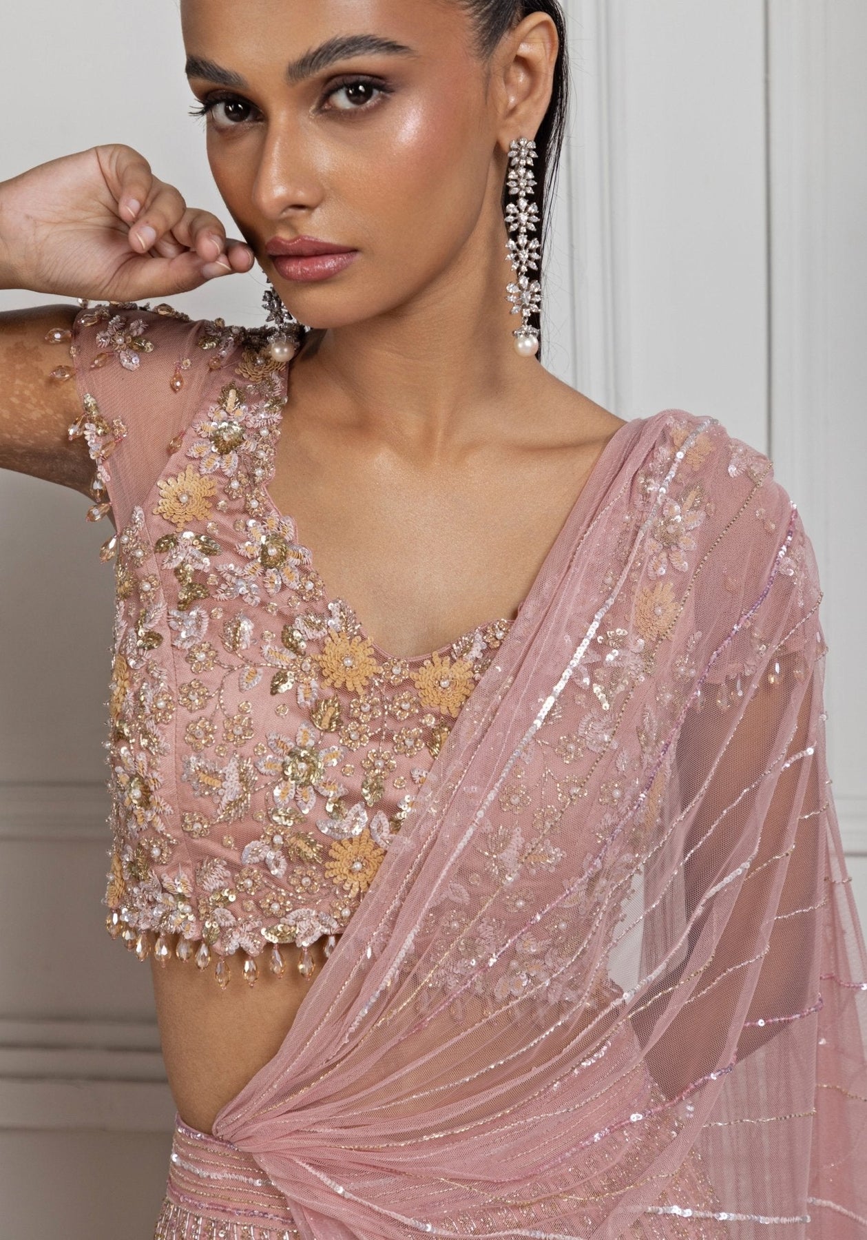 Peach Sequin Embroidered Satin & Organza Mermaid Lehenga (3-Piece) - Image 5