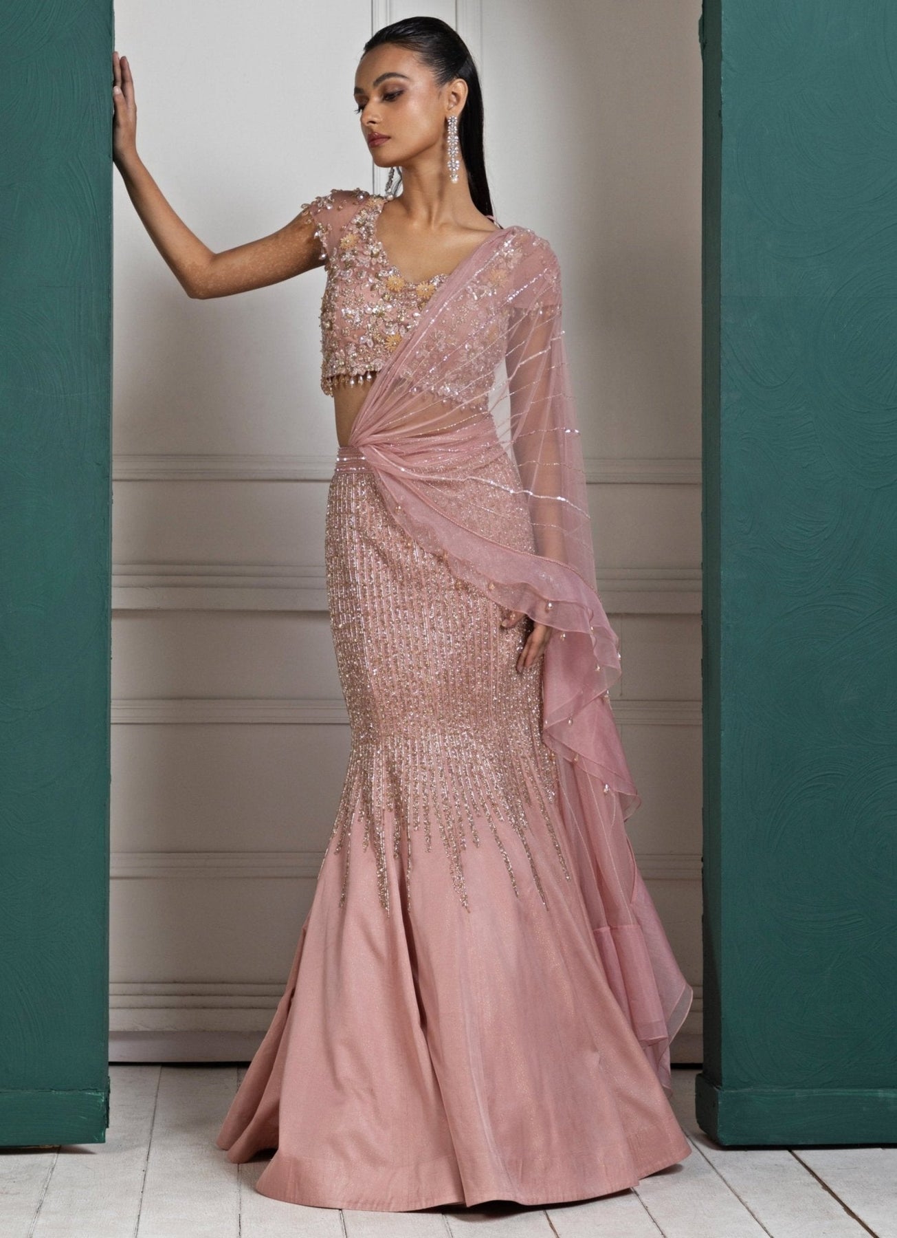 Peach Sequin Embroidered Satin & Organza Mermaid Lehenga (3-Piece) - Image 6