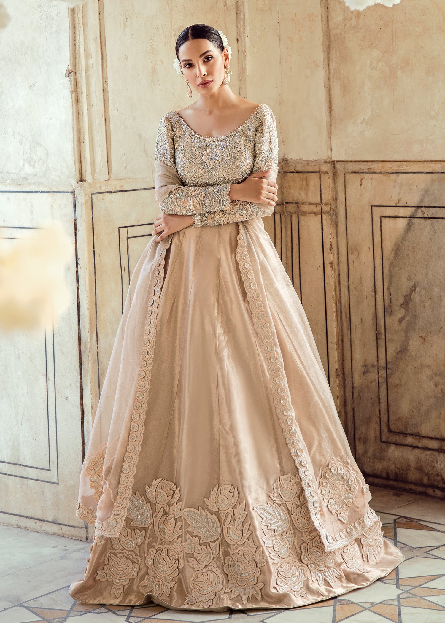 Dusty Rose Embellished Satin-Silk Lehenga (3-Piece) - Image 1