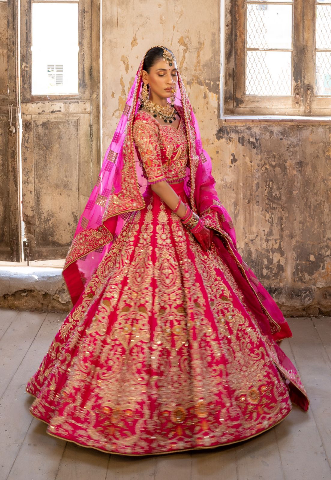 Pakistani Fuchsia Tilla & Sequin Satin Silk Lehenga Choli (3-Piece) - Image 1