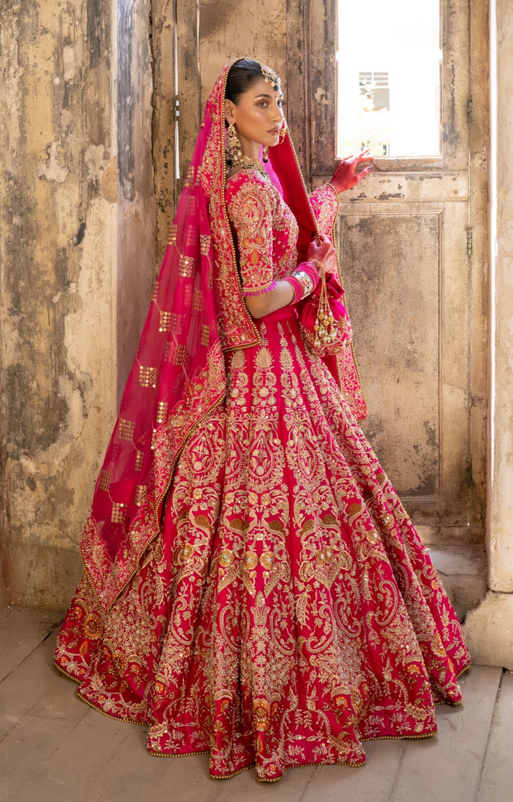 Pakistani Fuchsia Tilla & Sequin Satin Silk Lehenga Choli (3-Piece) - Image 2