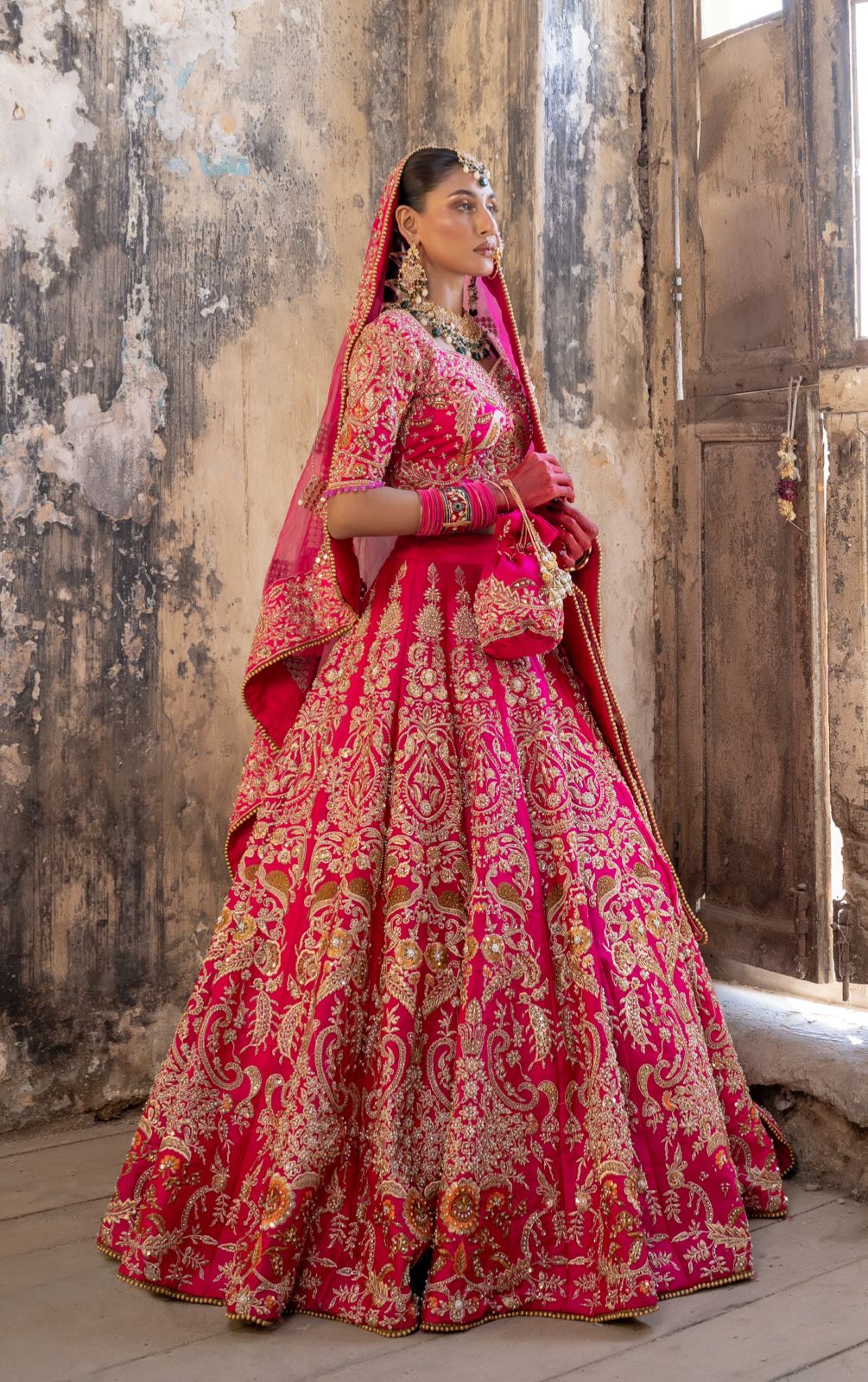 Pakistani Fuchsia Tilla & Sequin Satin Silk Lehenga Choli (3-Piece) - Image 3