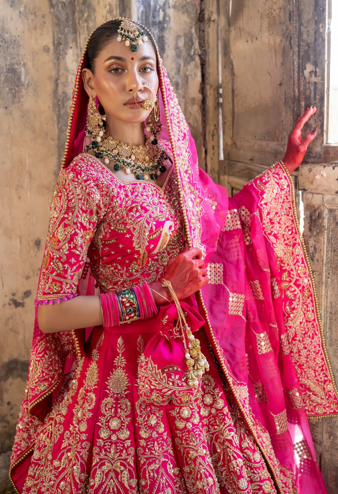 Pakistani Fuchsia Tilla & Sequin Satin Silk Lehenga Choli (3-Piece) - Image 4