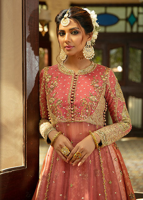Watermelon Pink Zardozi Organza Bridal Lehenga (3-Piece) - Image 2