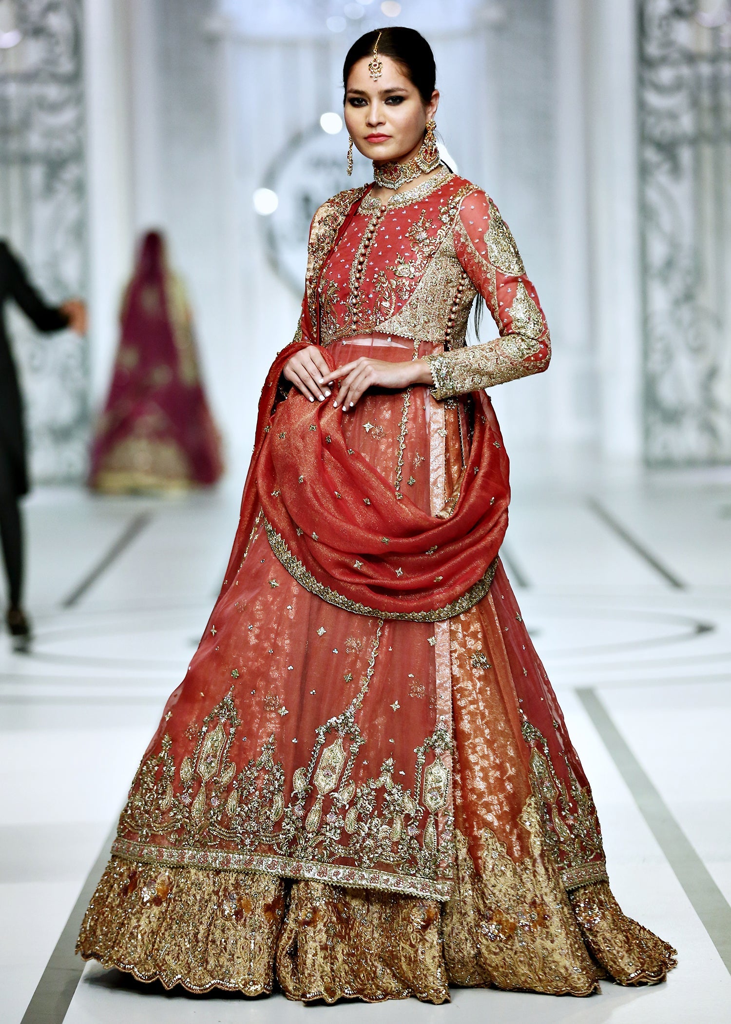 Watermelon Pink Zardozi Organza Bridal Lehenga (3-Piece) - Image 8