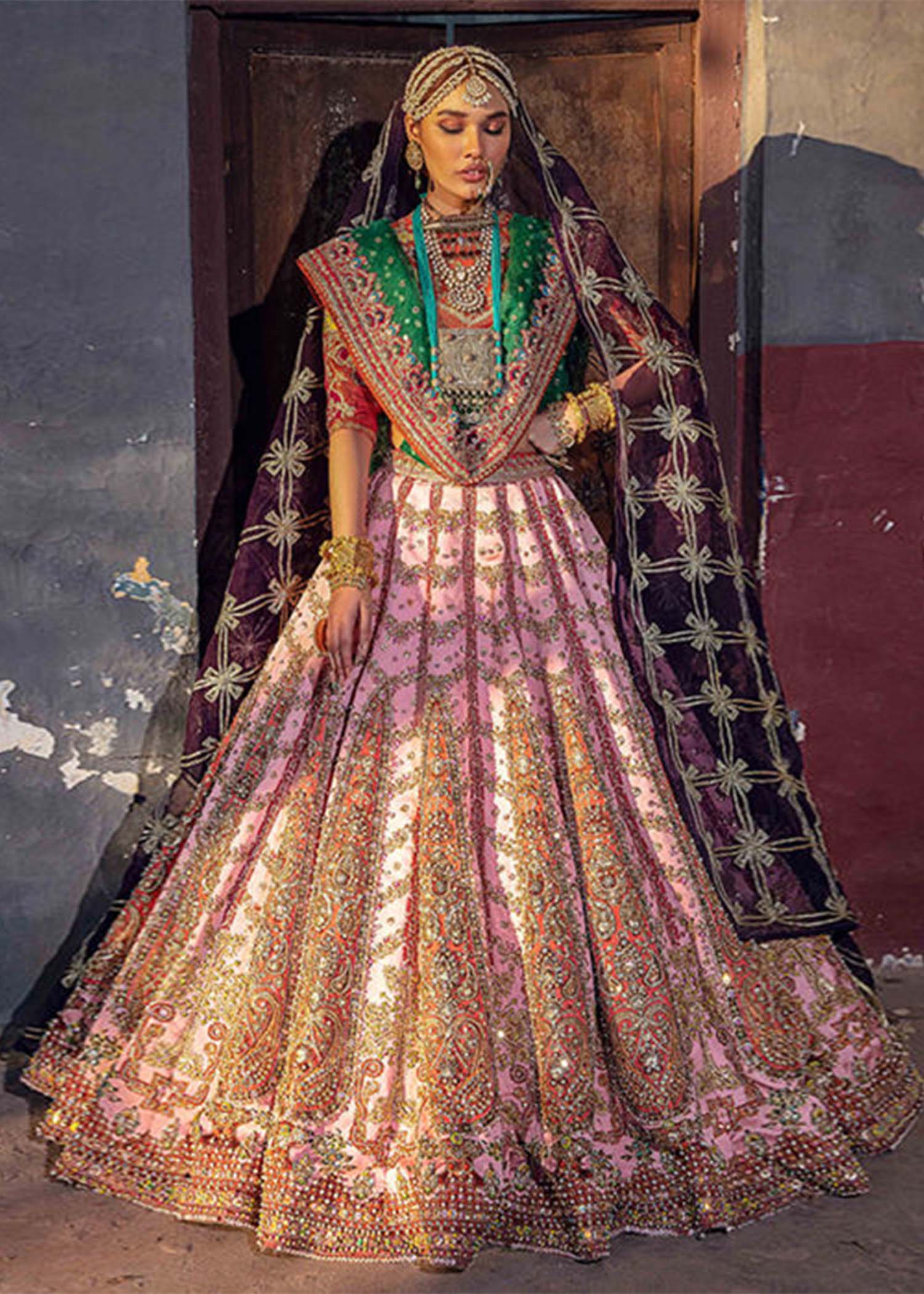 Pakistani Pink Embroidered Shamose Silk Bridal Lehenga (3-Piece) - Image 1