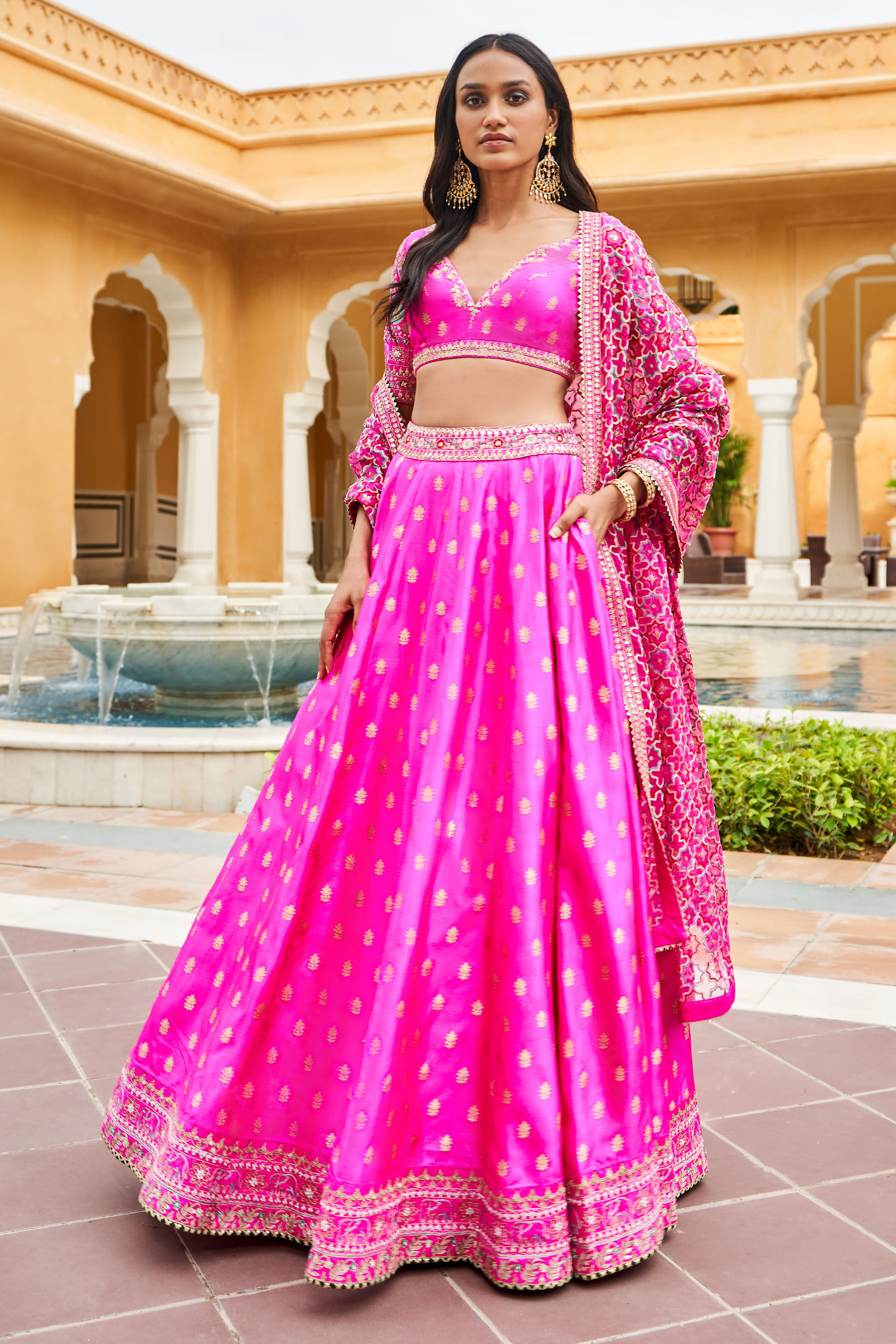 Hot Pink Ari Embroidered Silk Lehenga (3-Piece) - Image 1