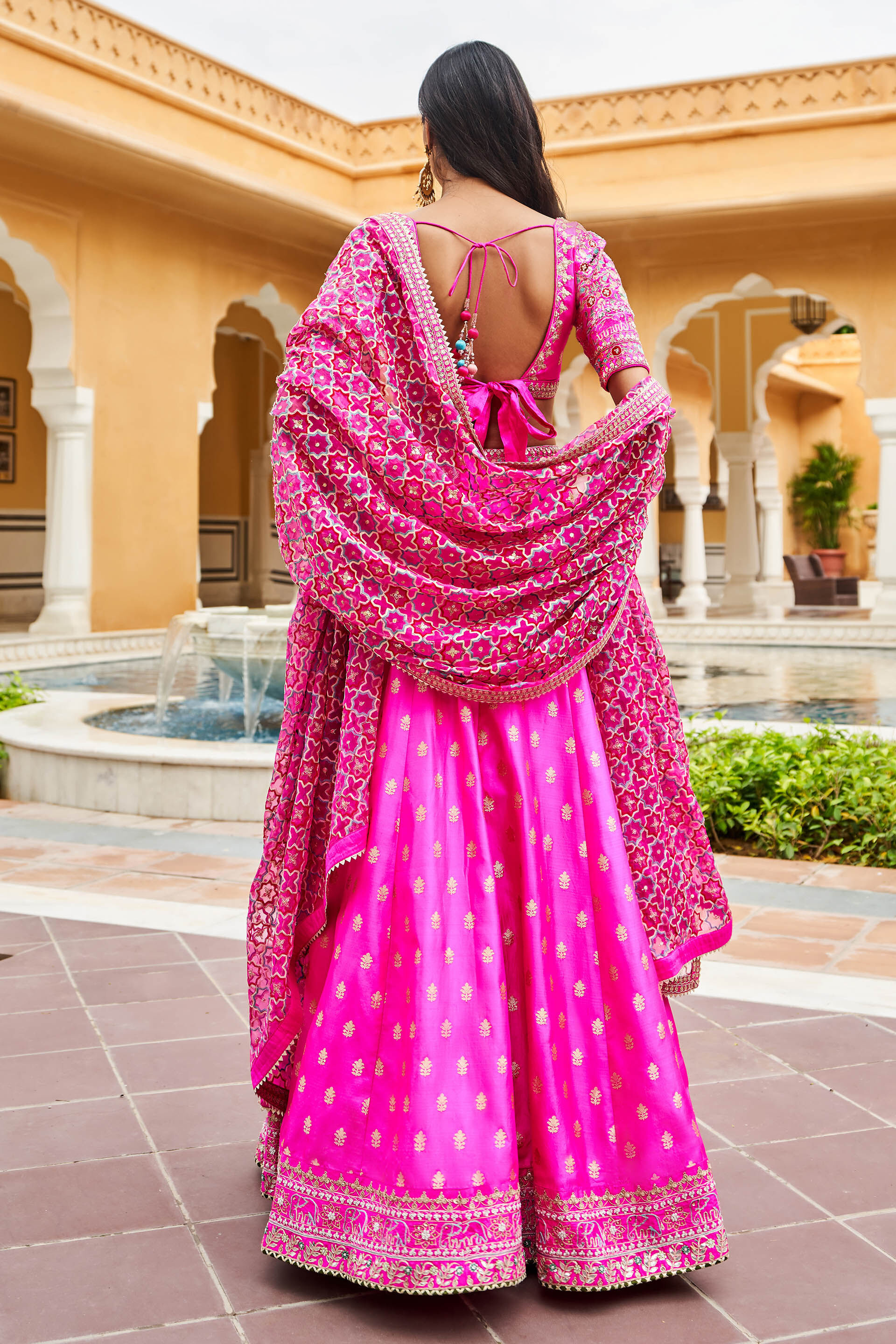 Hot Pink Ari Embroidered Silk Lehenga (3-Piece) - Image 2