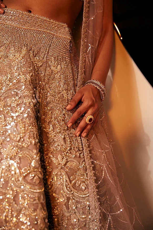 Pakistani Ash Pink Hand-Embellished Silk-Blend Lehenga (3-Piece) - Image 12