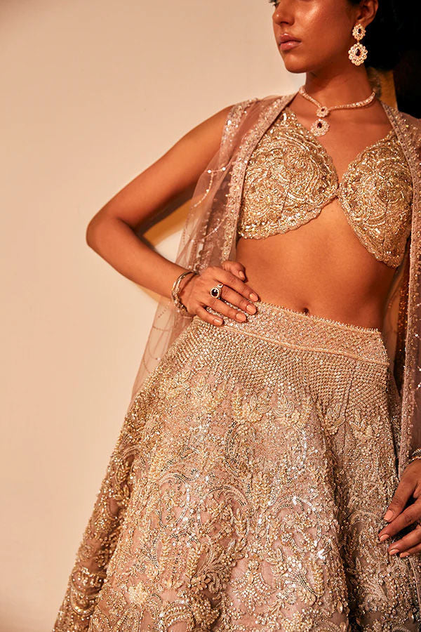 Pakistani Ash Pink Hand-Embellished Silk-Blend Lehenga (3-Piece) - Image 4