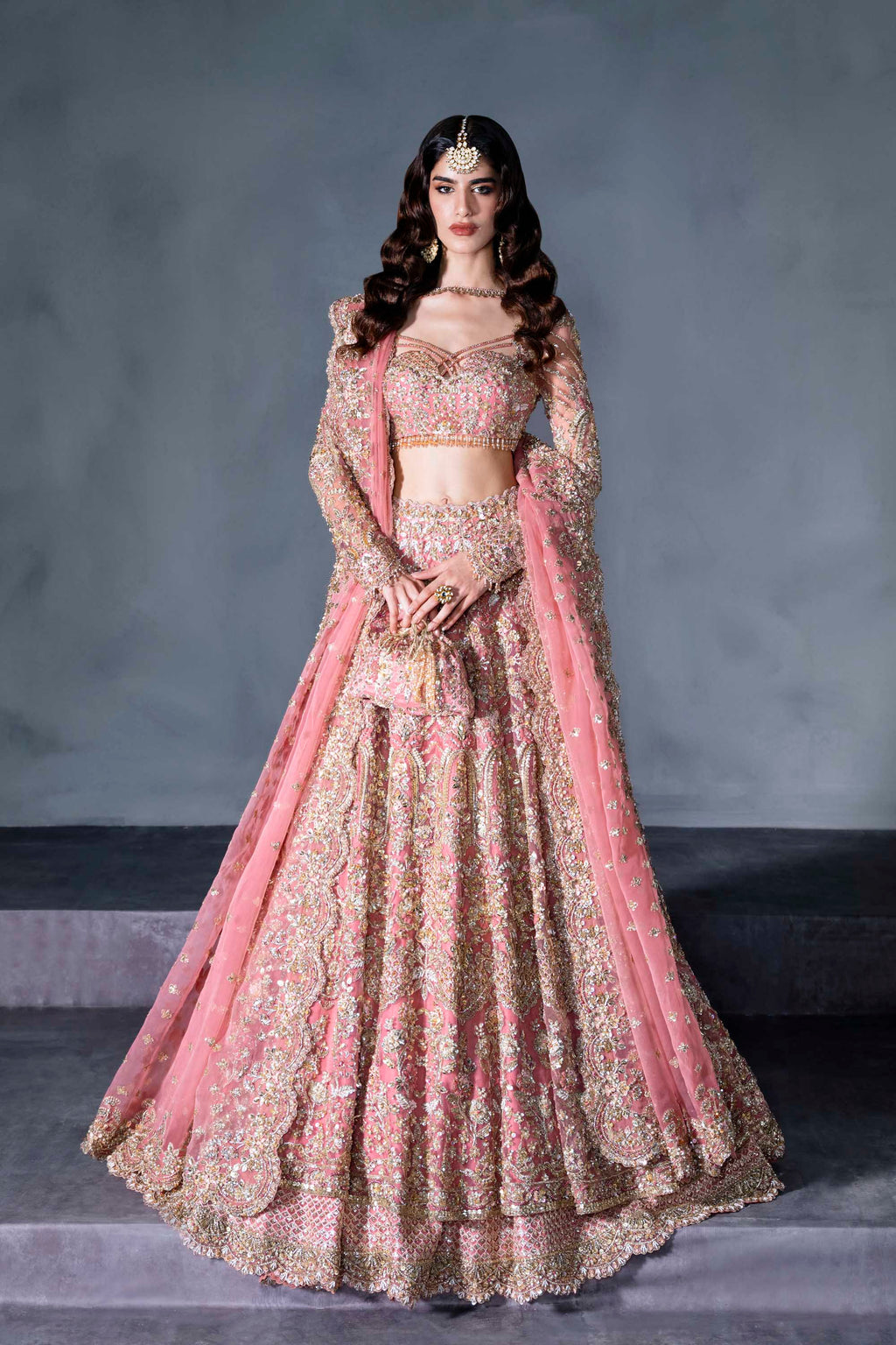Pakistani Blush Pink Embellished Net Silk-Blend Bridal Lehenga (3-Piece) - Image 1