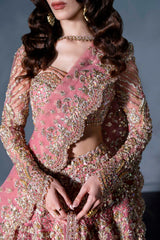 Pakistani Blush Pink Embellished Net Silk-Blend Bridal Lehenga (3-Piece) - Image 4
