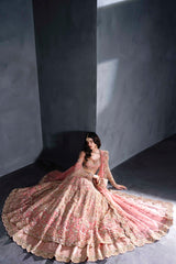 Pakistani Blush Pink Embellished Net Silk-Blend Bridal Lehenga (3-Piece) - Image 5