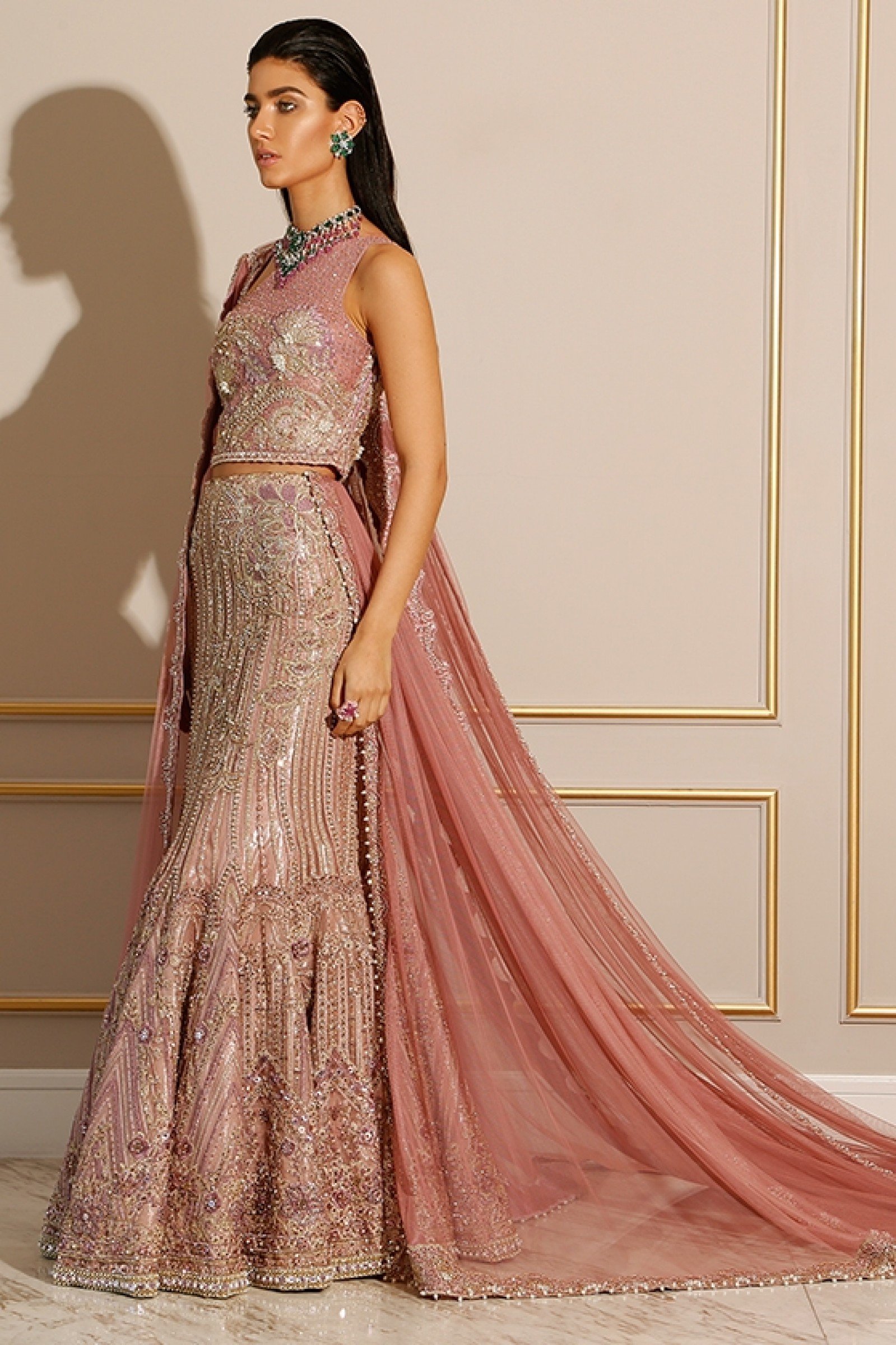 Pakistani Blush Pink Embellished Silk-Blend Lehenga (3-Piece) - Image 1