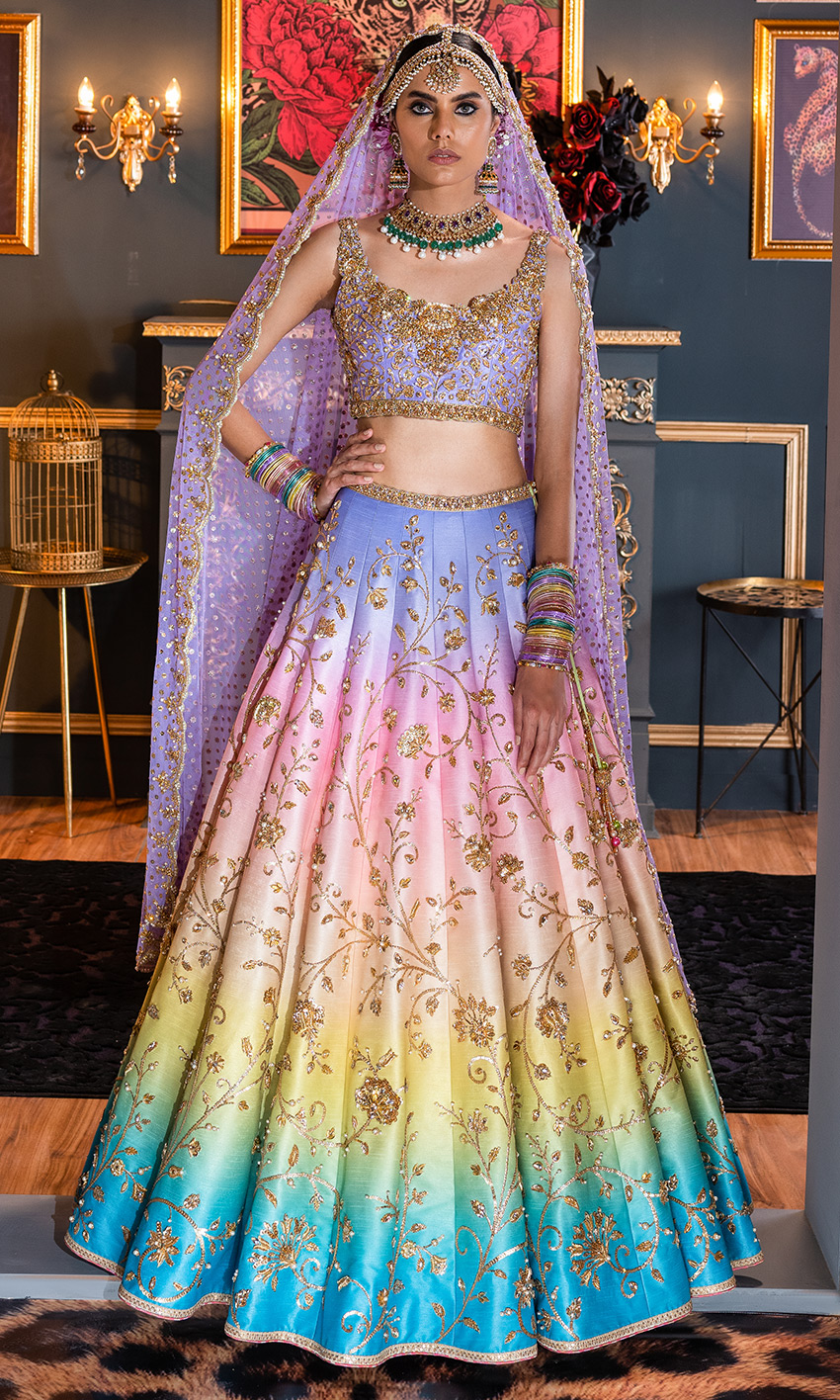 Pakistani Pastel Ombre Embroidered Silk-Blend Lehenga (3-Piece) - Image 1