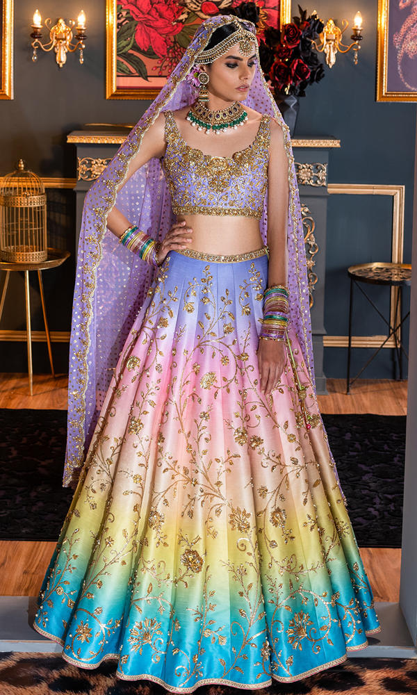 Pakistani Pastel Ombre Embroidered Silk-Blend Lehenga (3-Piece) - Image 3