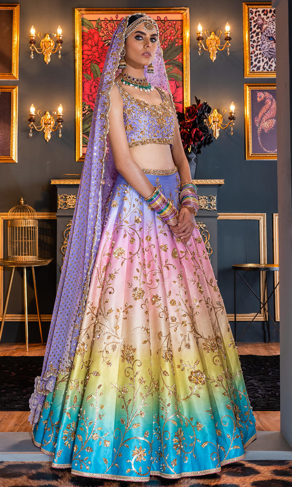 Pakistani Pastel Ombre Embroidered Silk-Blend Lehenga (3-Piece) - Image 4
