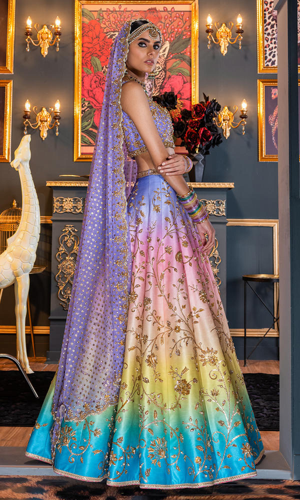Pakistani Pastel Ombre Embroidered Silk-Blend Lehenga (3-Piece) - Image 7