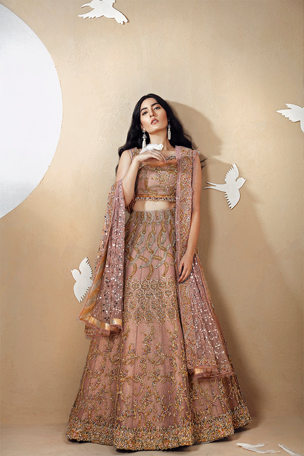 Dusty Rose Embroidered Net Lehenga Choli (3-Piece) - Image 1