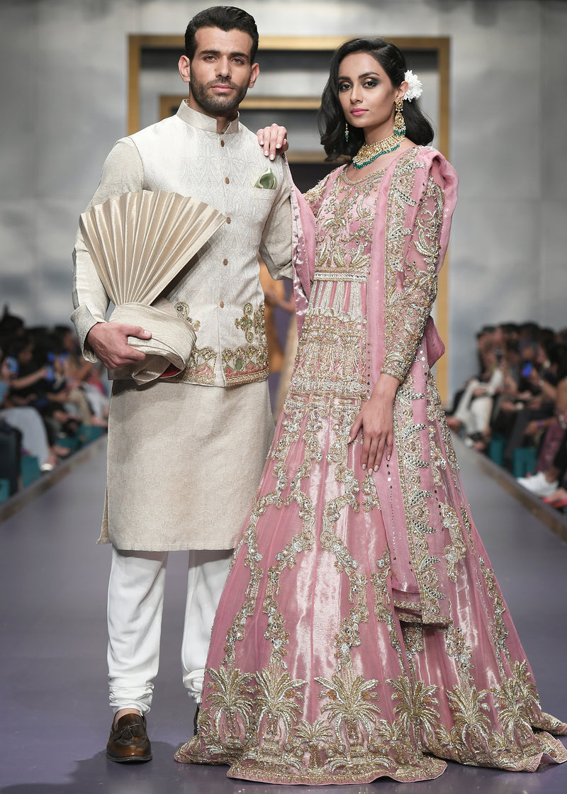 Pakistani Dusty Pink Embellished Silk Blend Bridal Lehenga (3-Piece) - Image 1