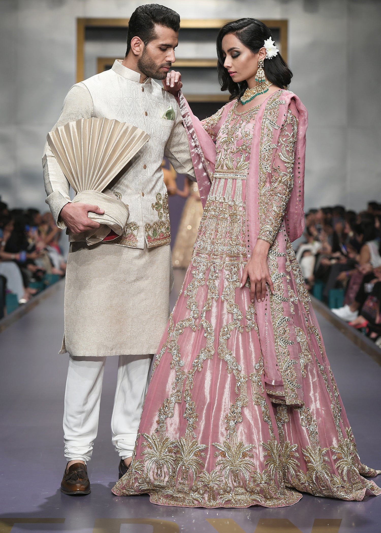 Pakistani Dusty Pink Embellished Silk Blend Bridal Lehenga (3-Piece) - Image 5