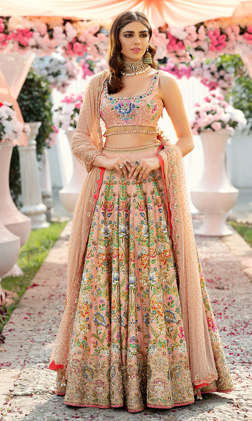 Pakistani Peach Sequinned Floral Silk-Blend Lehenga Choli (3-Piece) - Image 1