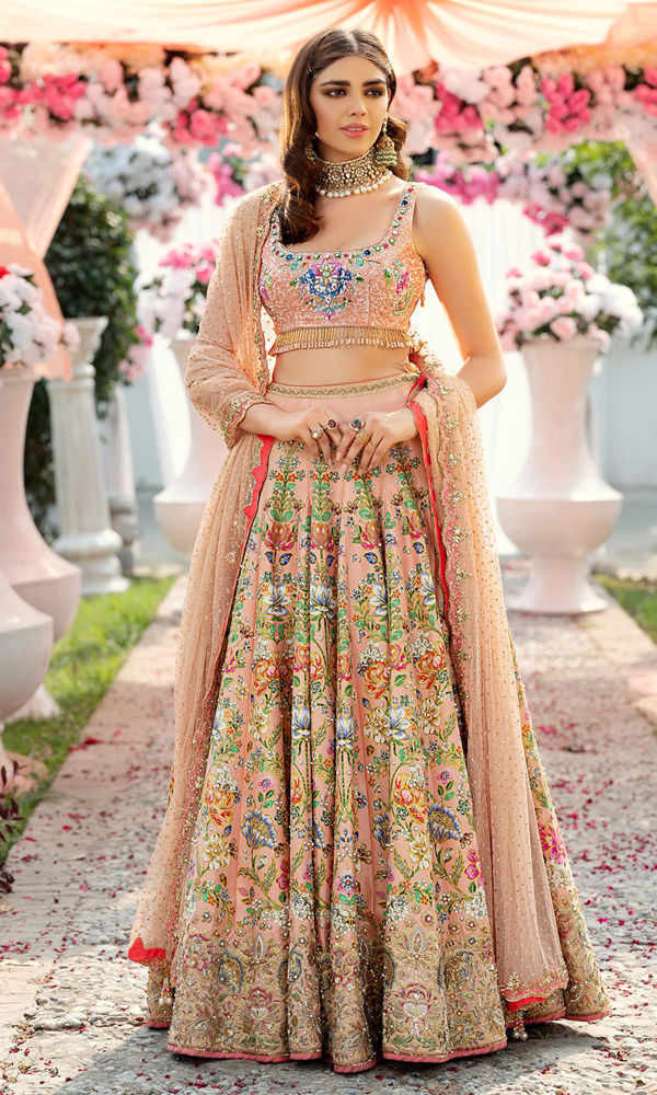 Pakistani Peach Sequinned Floral Silk-Blend Lehenga Choli (3-Piece) - Image 2