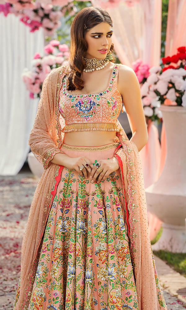 Pakistani Peach Sequinned Floral Silk-Blend Lehenga Choli (3-Piece) - Image 3