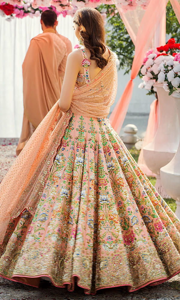 Pakistani Peach Sequinned Floral Silk-Blend Lehenga Choli (3-Piece) - Image 4