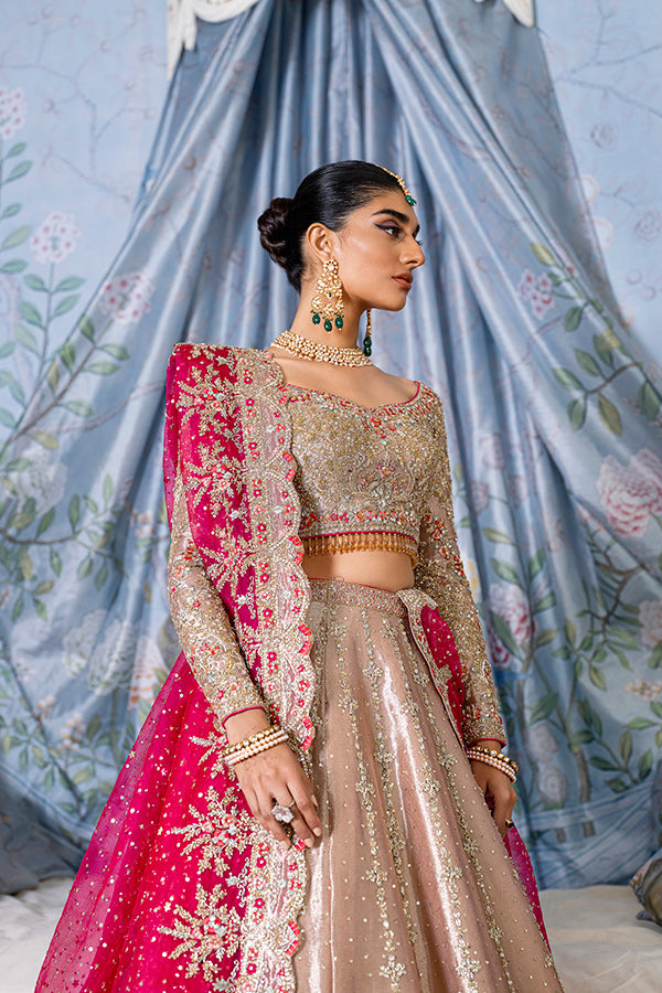 Salmon Pink Embellished Net Silk Lehenga Choli (3-Piece) - Image 3
