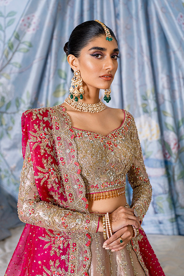 Salmon Pink Embellished Net Silk Lehenga Choli (3-Piece) - Image 4