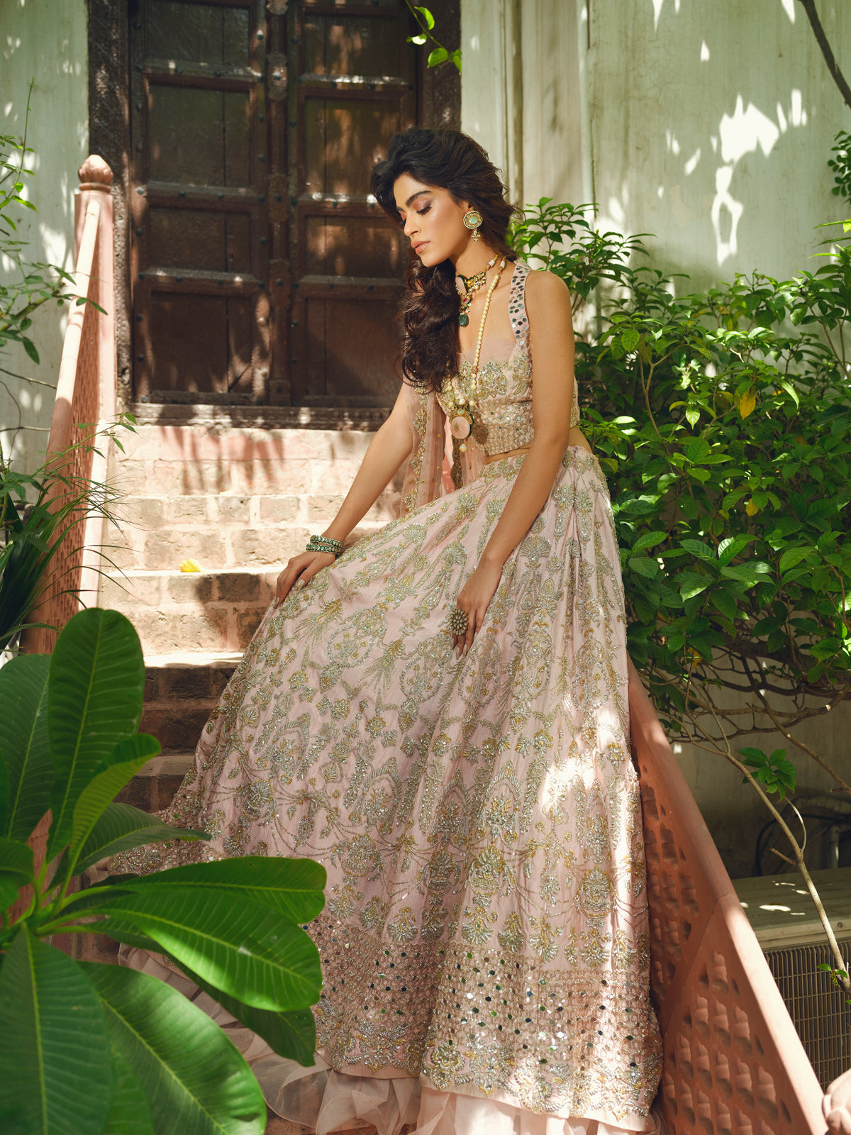 Blush Pink Embellished Silk-Blend Lehenga Choli (3-Piece) - Image 4
