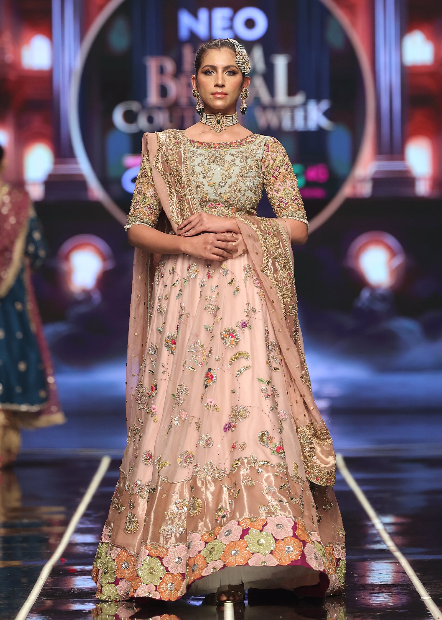 Sage Green & Light Pink Embroidered Silk-Blend Bridal Lehenga (3-Piece) - Image 1