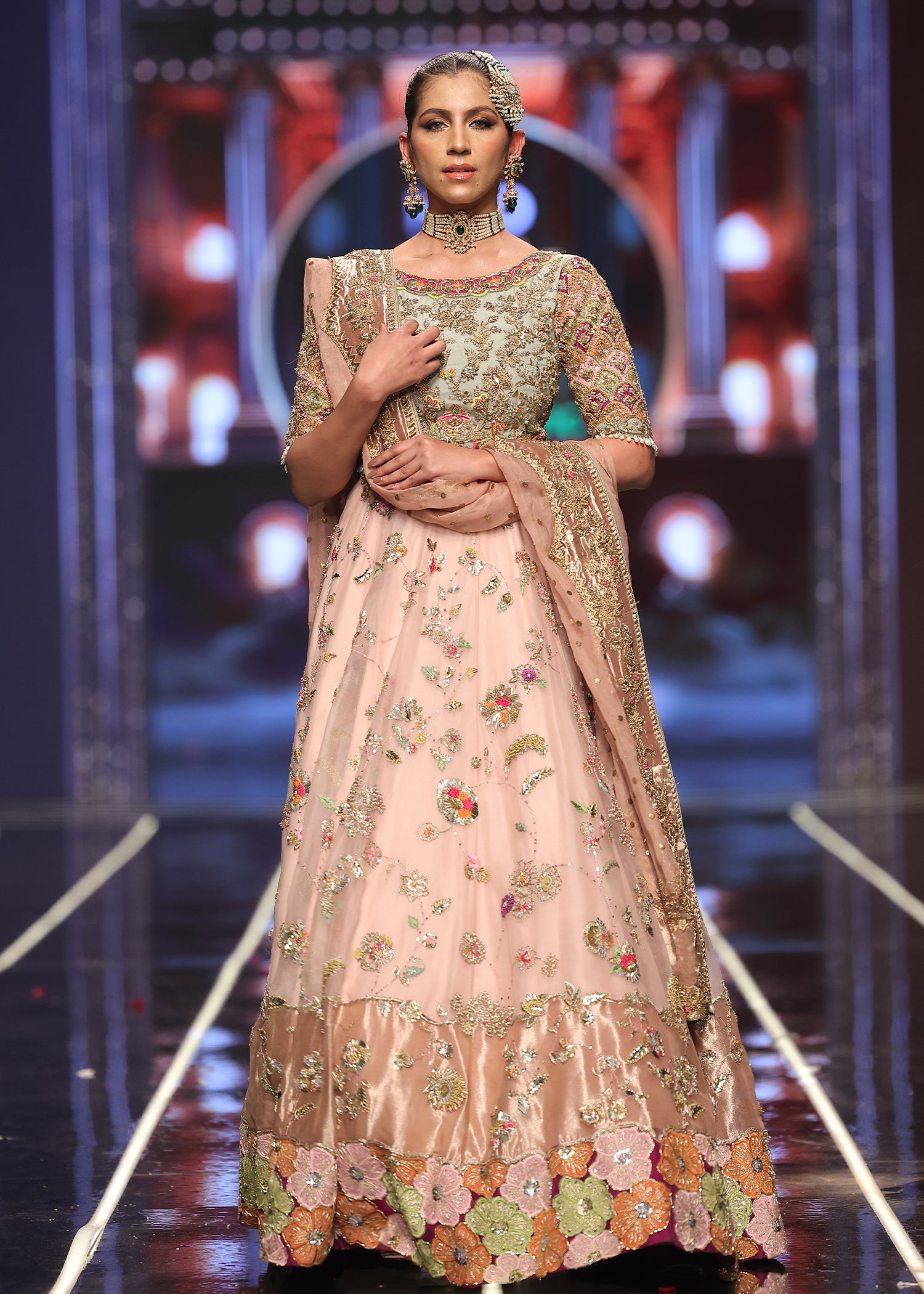 Sage Green & Light Pink Embroidered Silk-Blend Bridal Lehenga (3-Piece) - Image 2