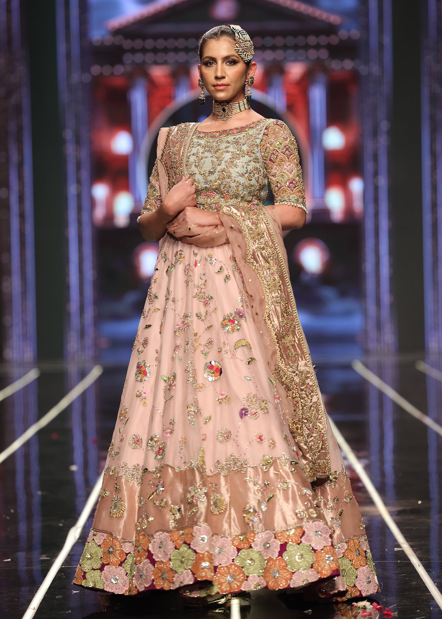 Sage Green & Light Pink Embroidered Silk-Blend Bridal Lehenga (3-Piece) - Image 3