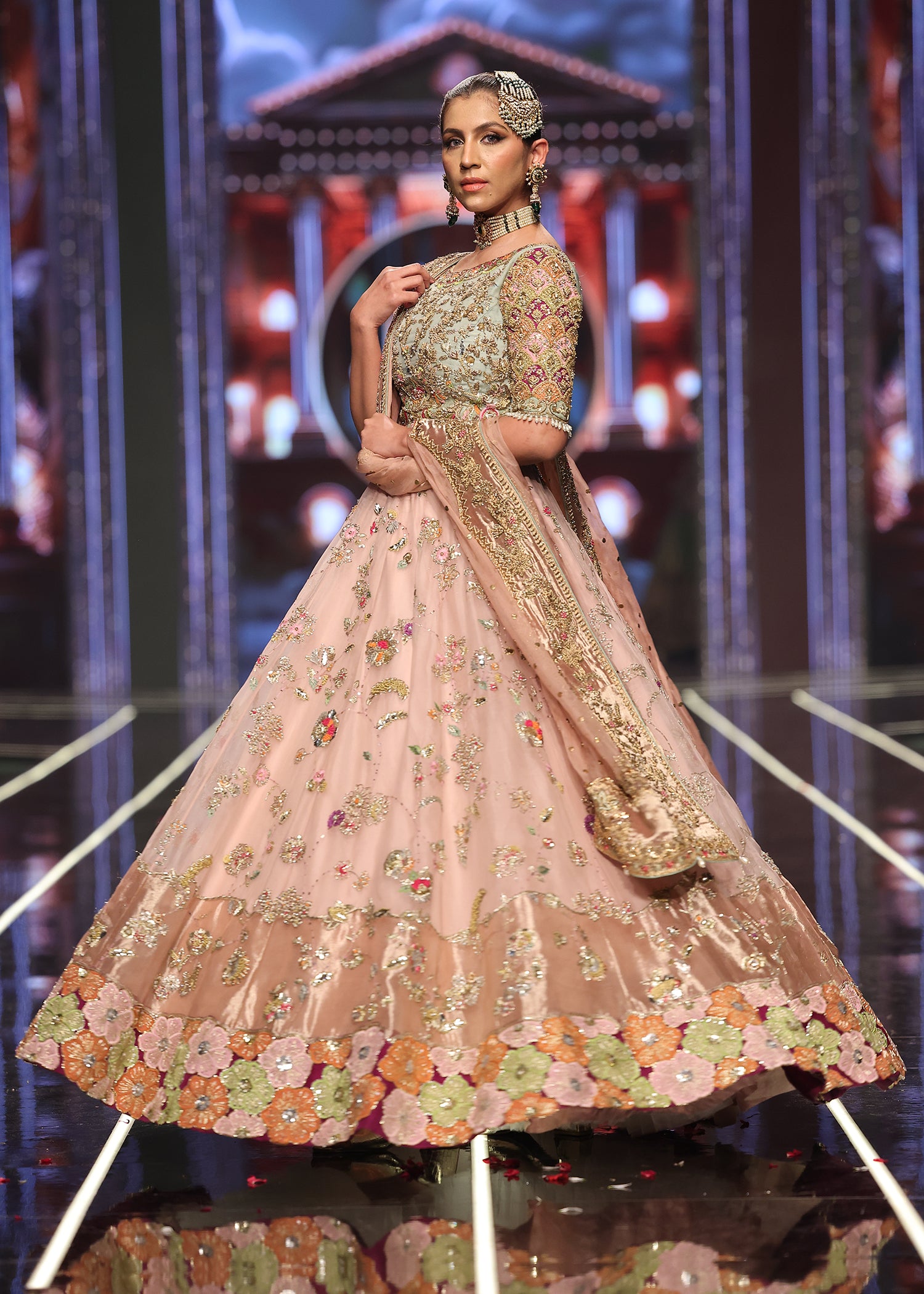 Sage Green & Light Pink Embroidered Silk-Blend Bridal Lehenga (3-Piece) - Image 4