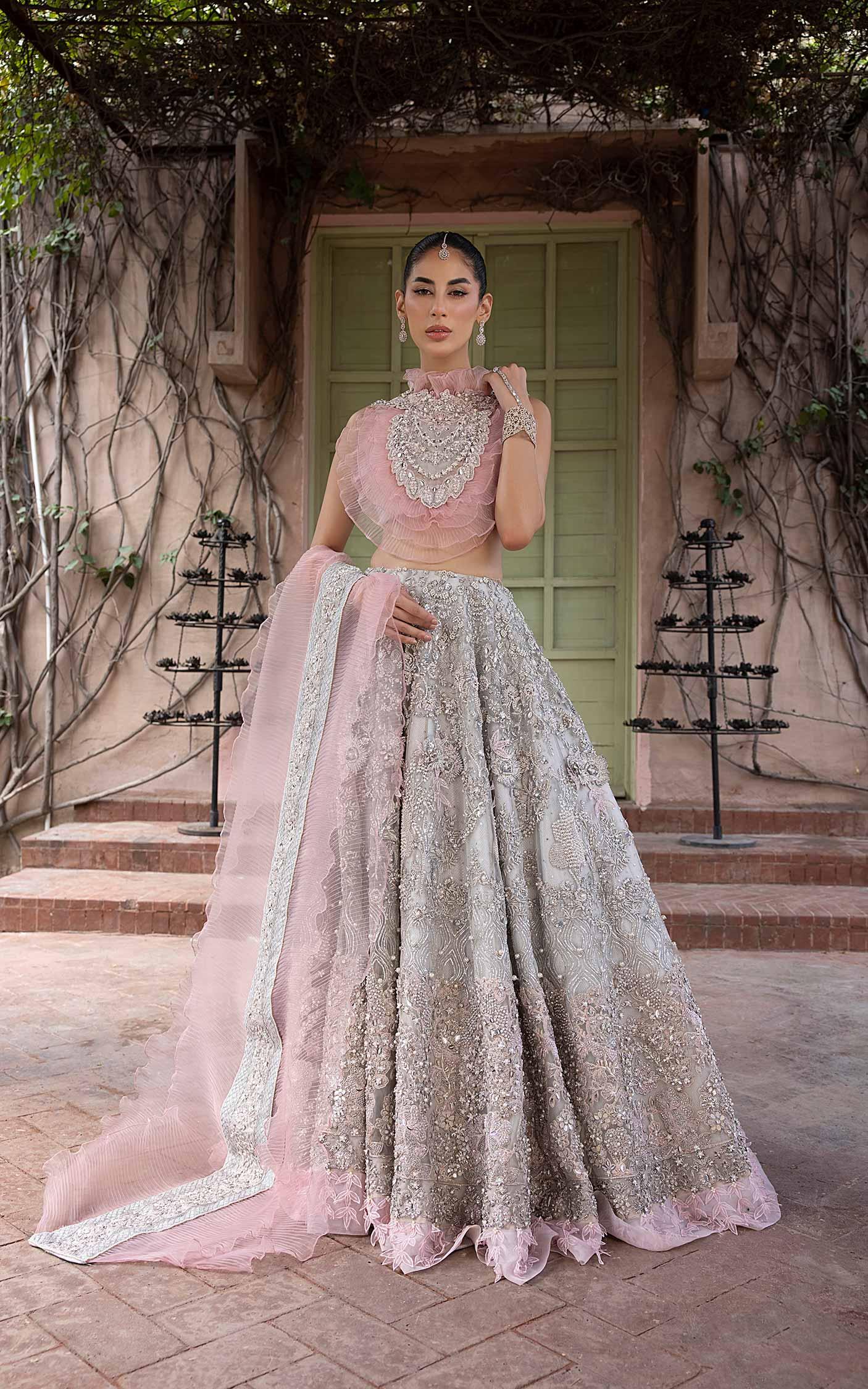 Pakistani Blush Pink Silver Embellished Silk-Blend Lehenga (3-Piece) - Image 1