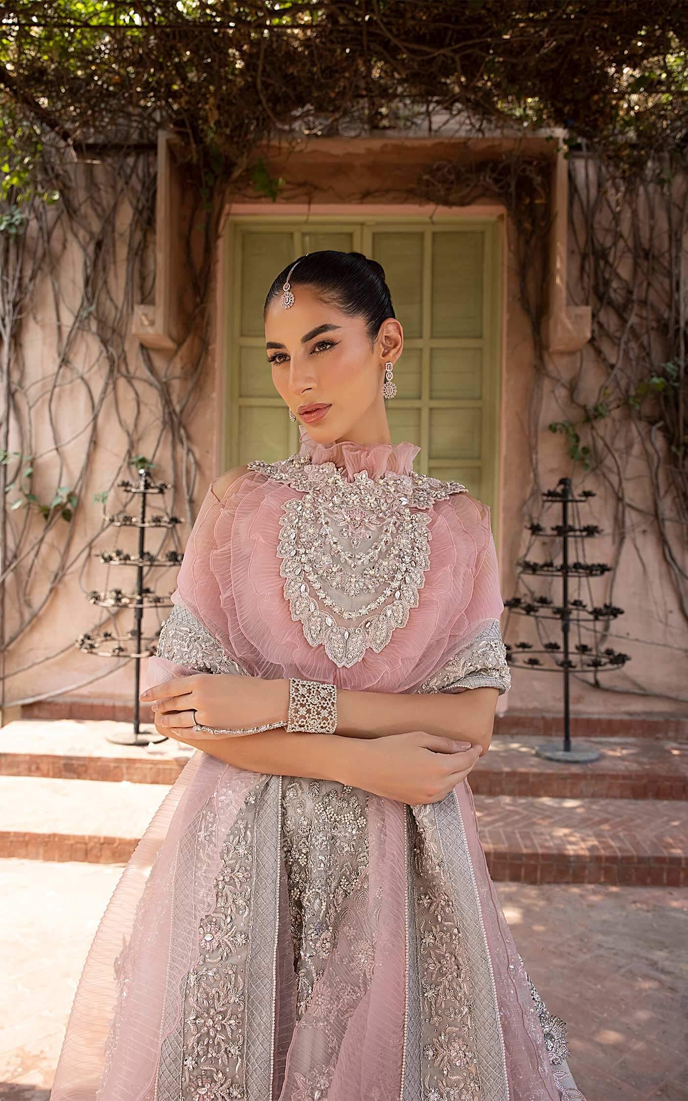 Pakistani Blush Pink Silver Embellished Silk-Blend Lehenga (3-Piece) - Image 10