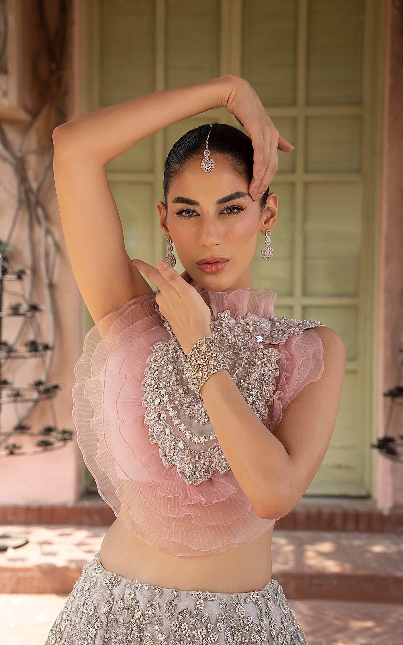 Pakistani Blush Pink Silver Embellished Silk-Blend Lehenga (3-Piece) - Image 12