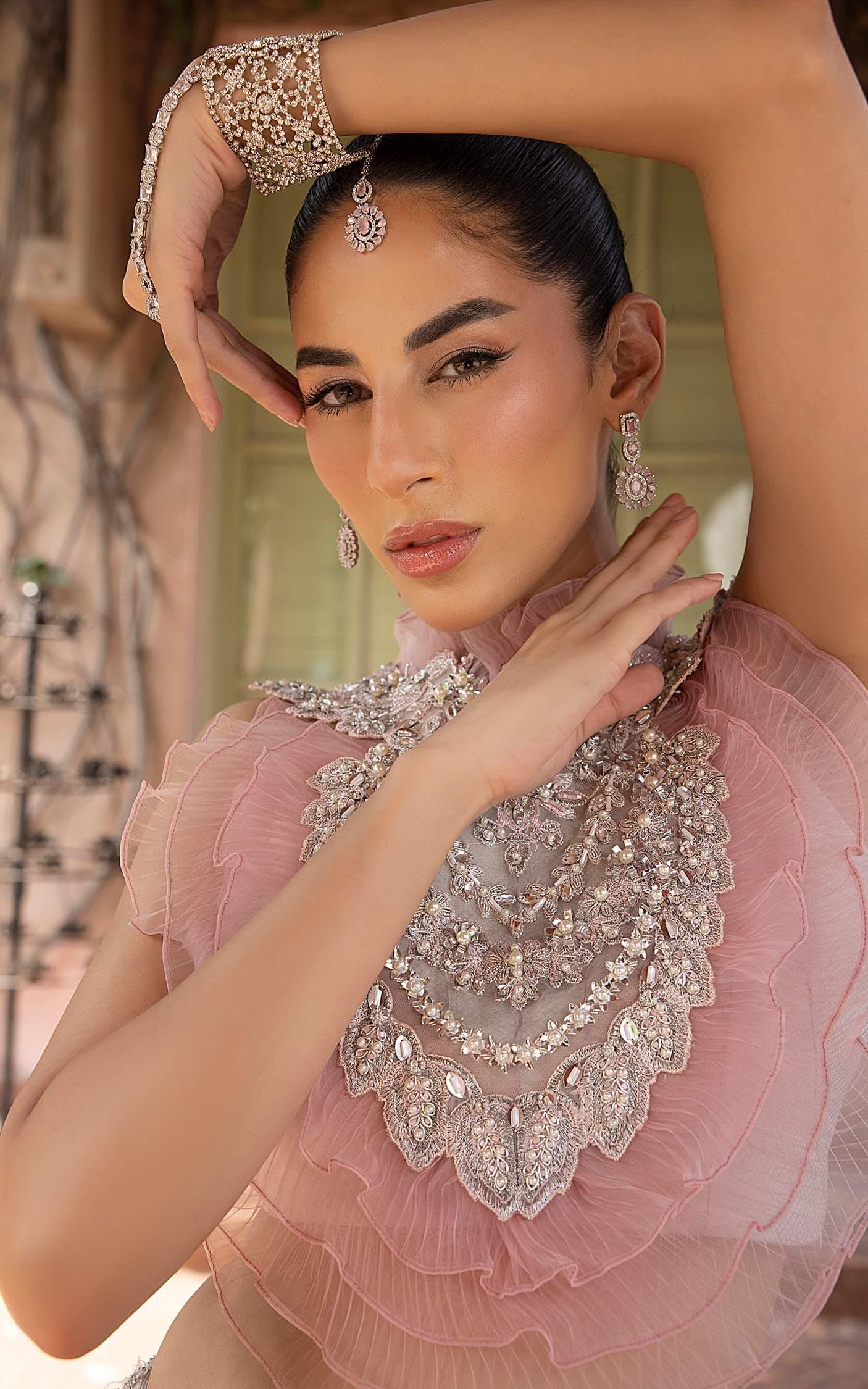 Pakistani Blush Pink Silver Embellished Silk-Blend Lehenga (3-Piece) - Image 13