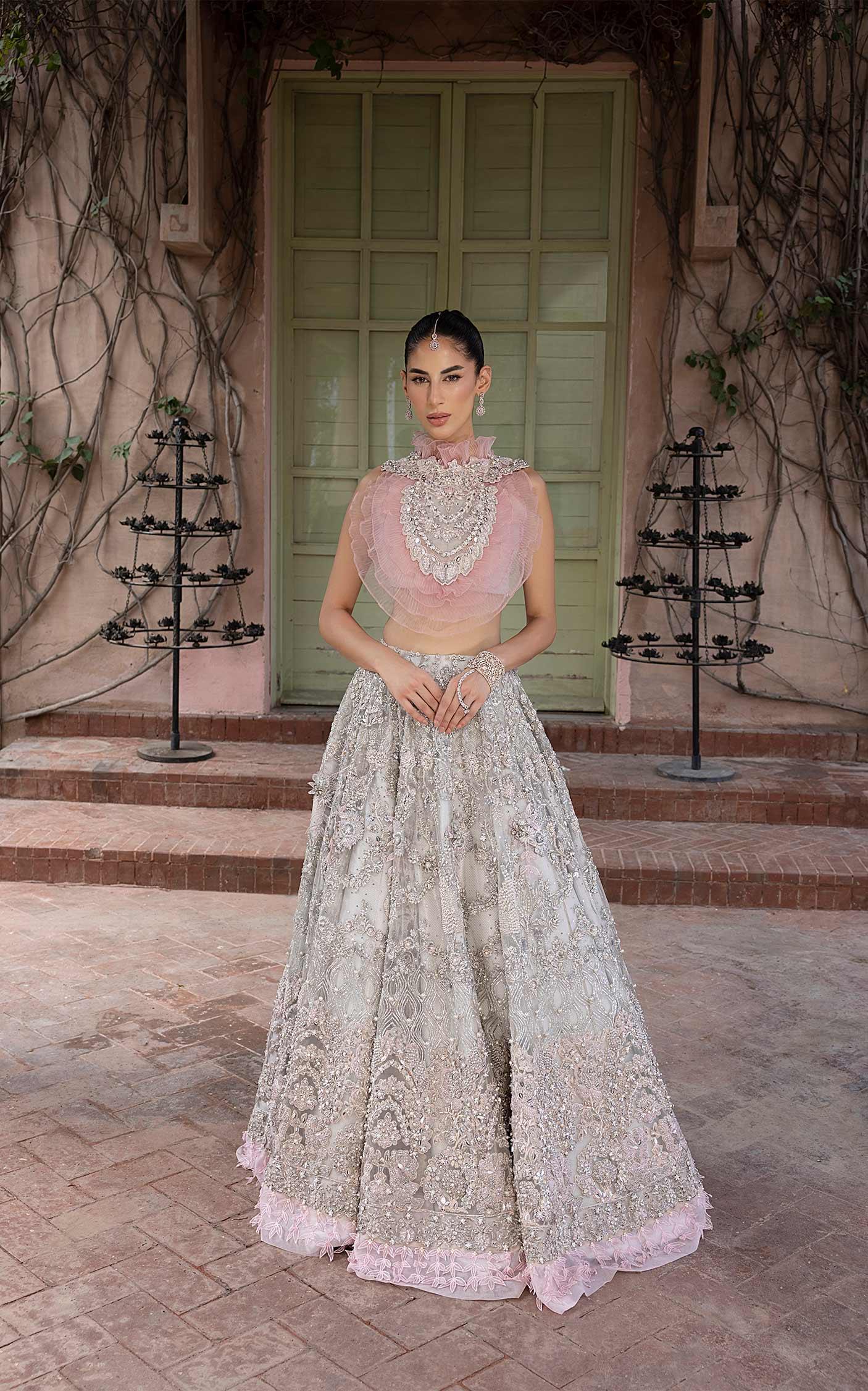 Pakistani Blush Pink Silver Embellished Silk-Blend Lehenga (3-Piece) - Image 2